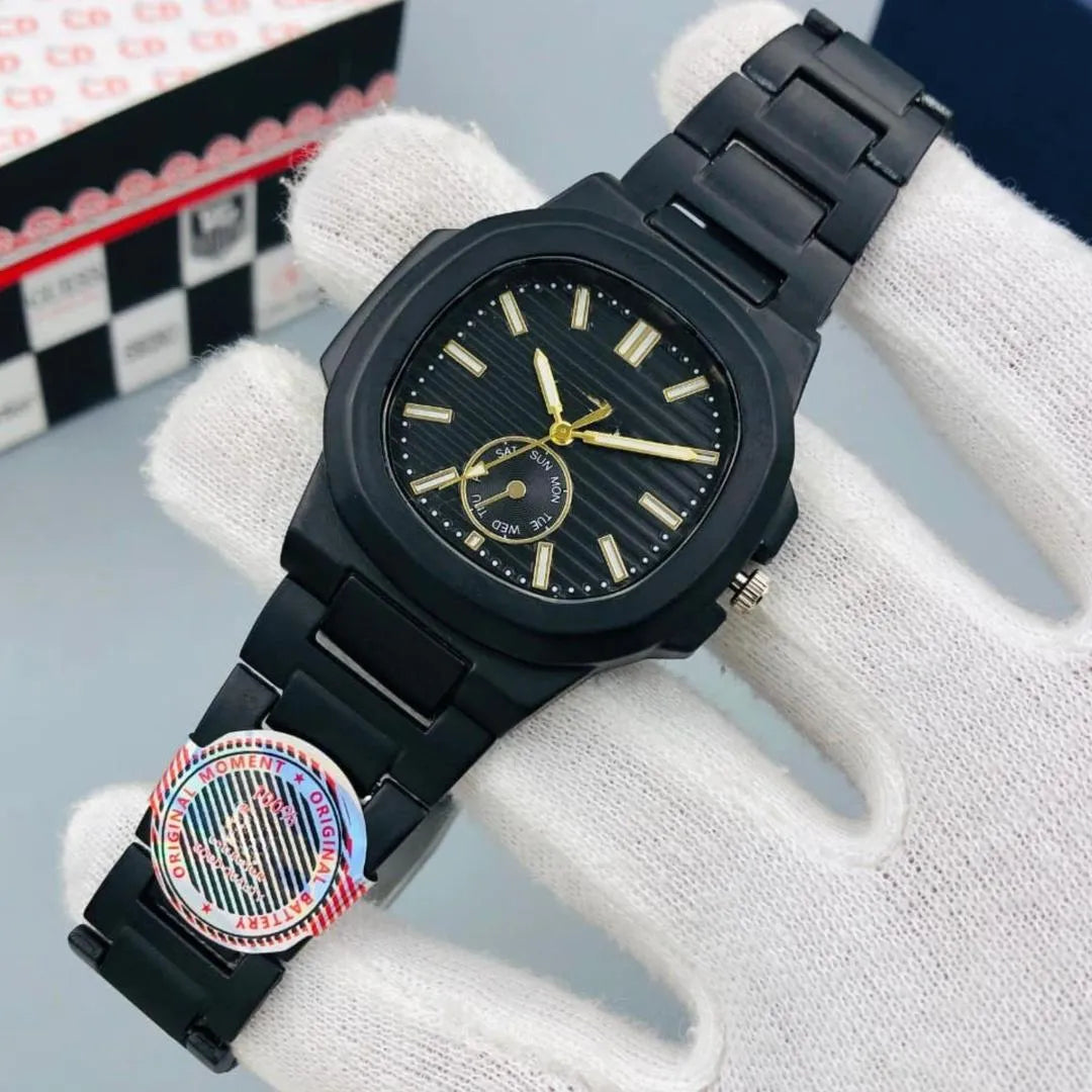 Men Square Watch Black Dial Silver Steel Chain Strap