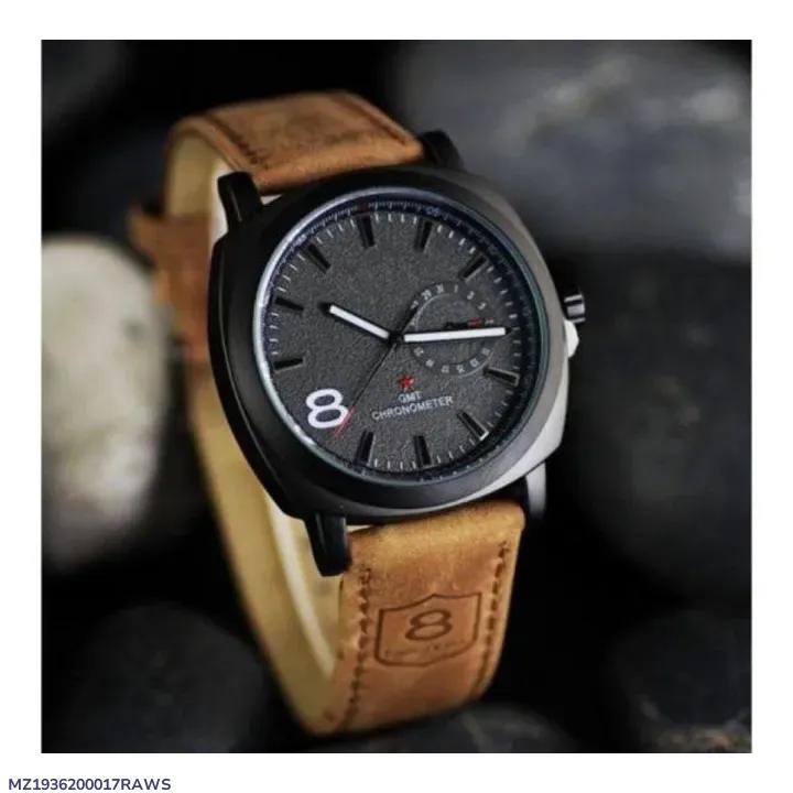 Men's Black Dial Leather Strap Watch with 12-Hour Display